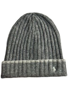 NWT Polo Ralph Lauren Grey Ribbed Wool Blend Beanie Toque Pony Logo
